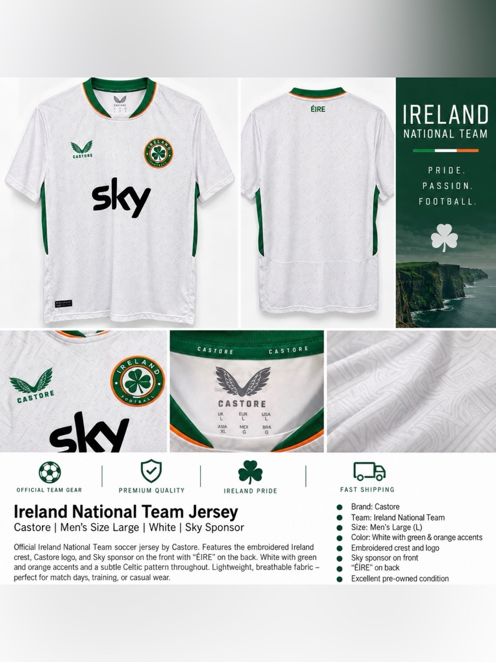 Castore Ireland National Football Team Away Jersey White Men’s Large L Sky